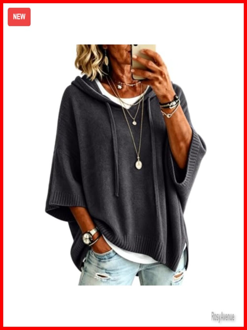 Hooded Knit Sweater 3/4 Batwing Sleeve Loose Pullover Cozy Casual Top